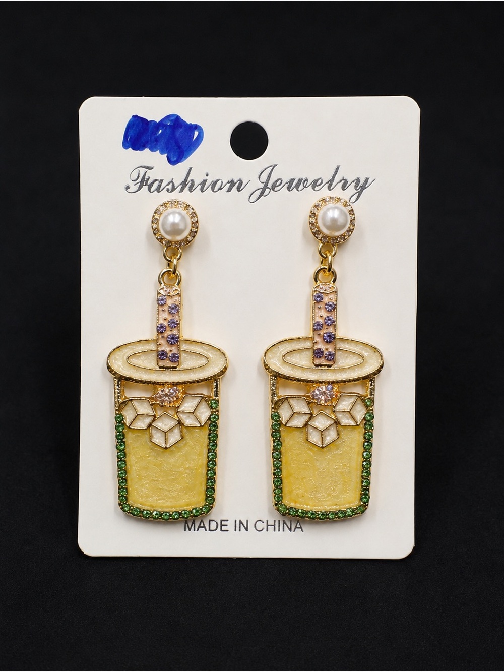 Fashion Jewelry Yellow Bubble Drink Drop Earrings with Green Trim